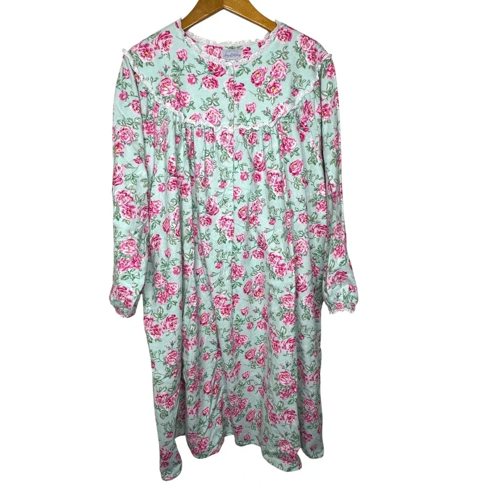 Lanz of Salzburg Long Flannel Nightgown Nantucket‎ Roses 1X